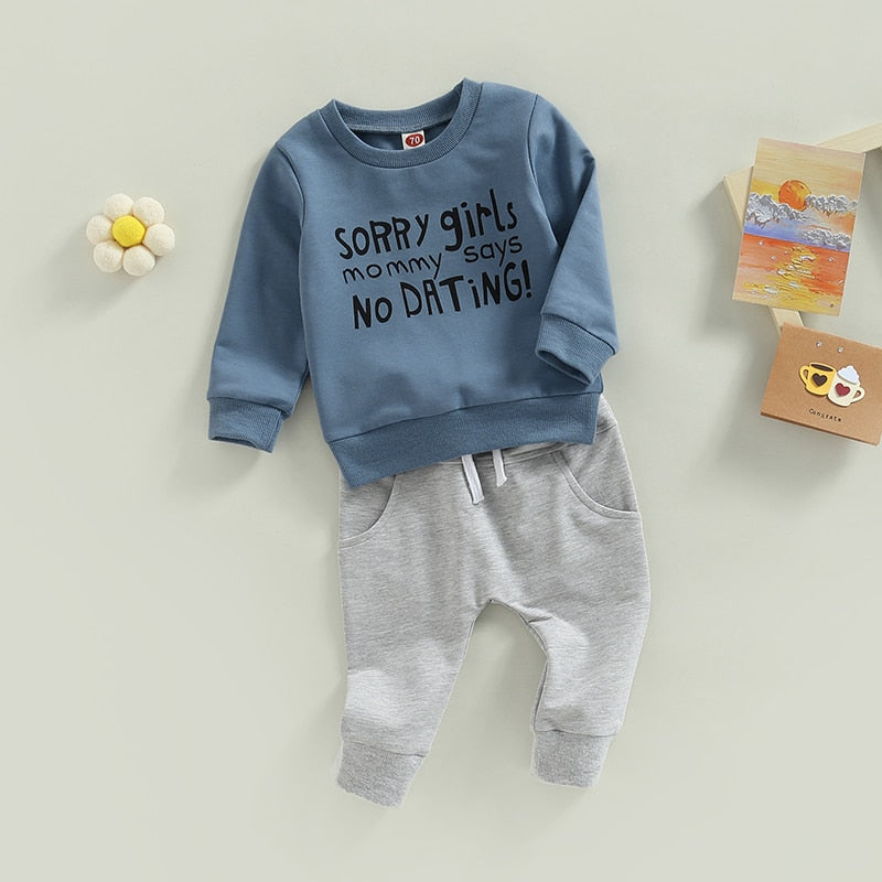 Toddler Baby Boys 2Pcs Outfits Long Sleeve Crew Neck Letter Print Sweatshirt Pullover Tops and Elastic Waist Pocket Pants Set - Babbez