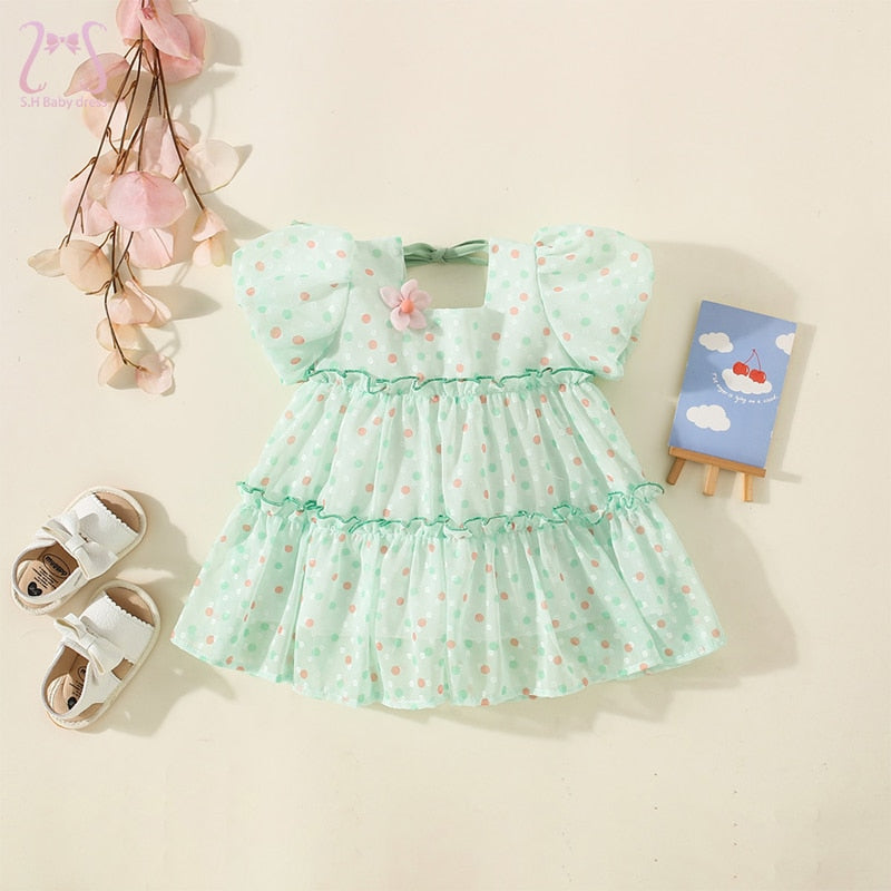 Summer Polka Dot Baby Girl Dress with Puff Sleeves