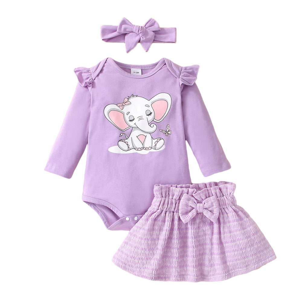 Cute Spring Girls Baby Clothes Set with Elephant Bodysuit and Striped Dress