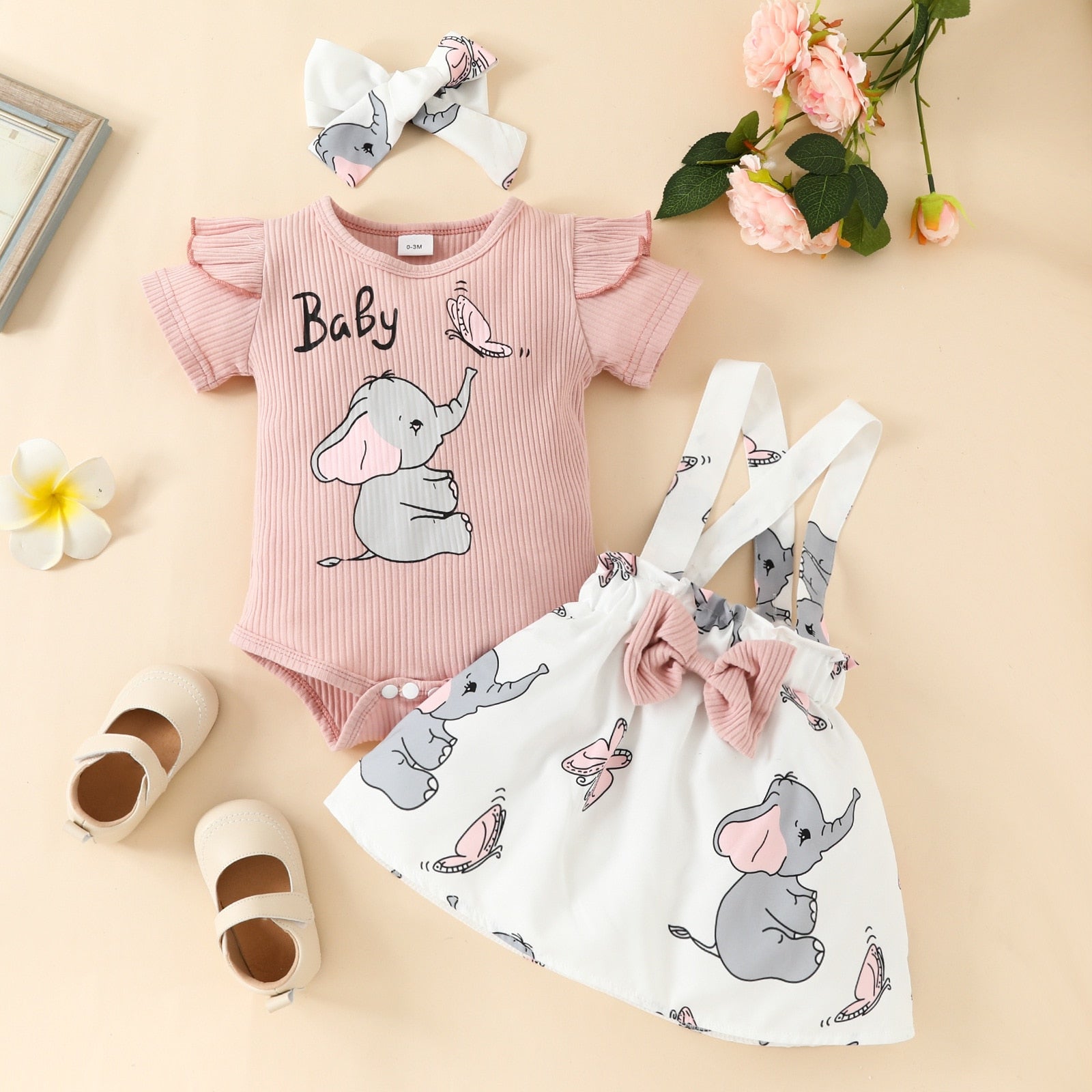 Fox and Elephant Baby Girl Outfit: Romper, Suspender Dress, and Cute Cartoon Style