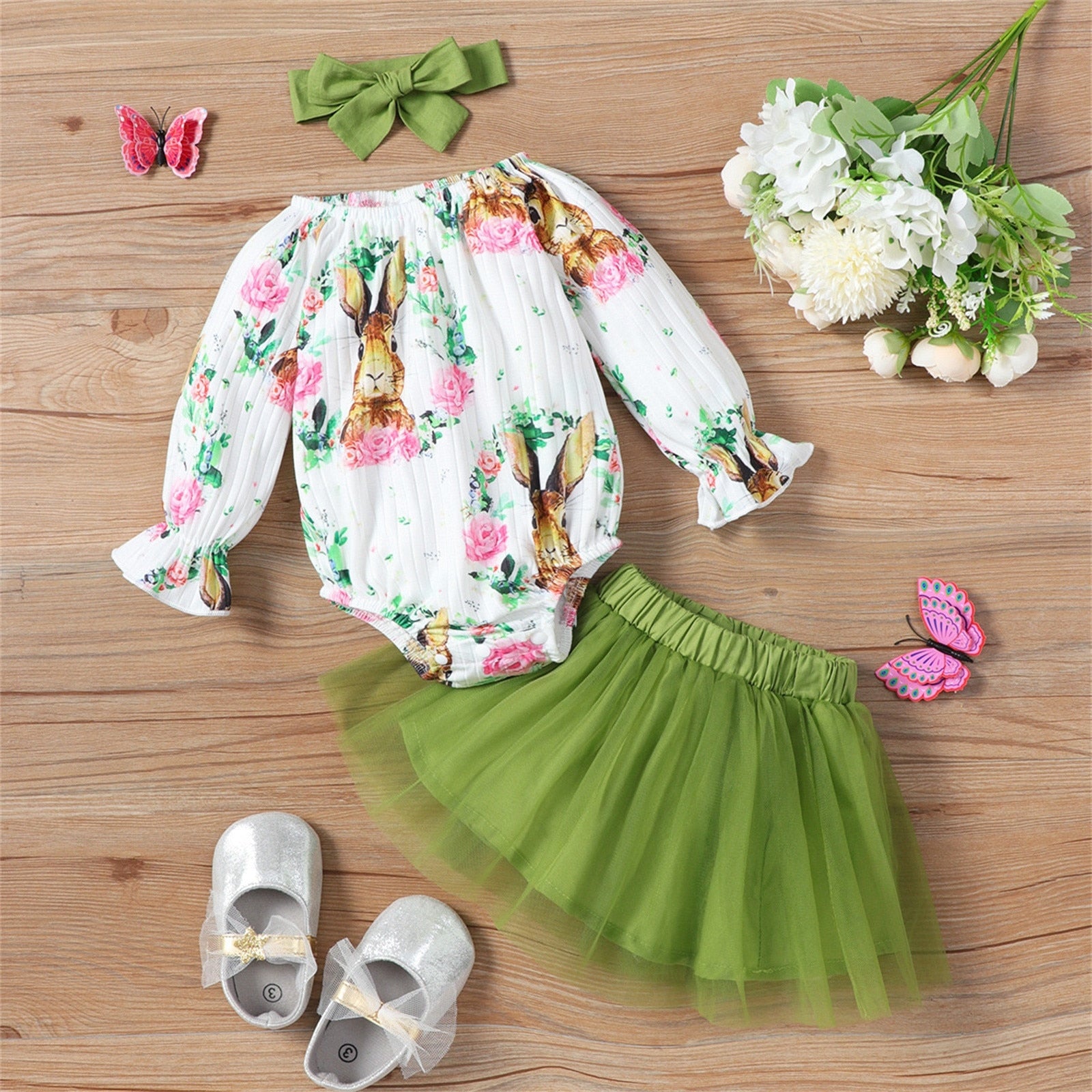 Adorable Infant Newborn Baby Girls Clothes Sets: Cartoon Romper, Tulle Dress, and Headband for Spring and Easter Outfits