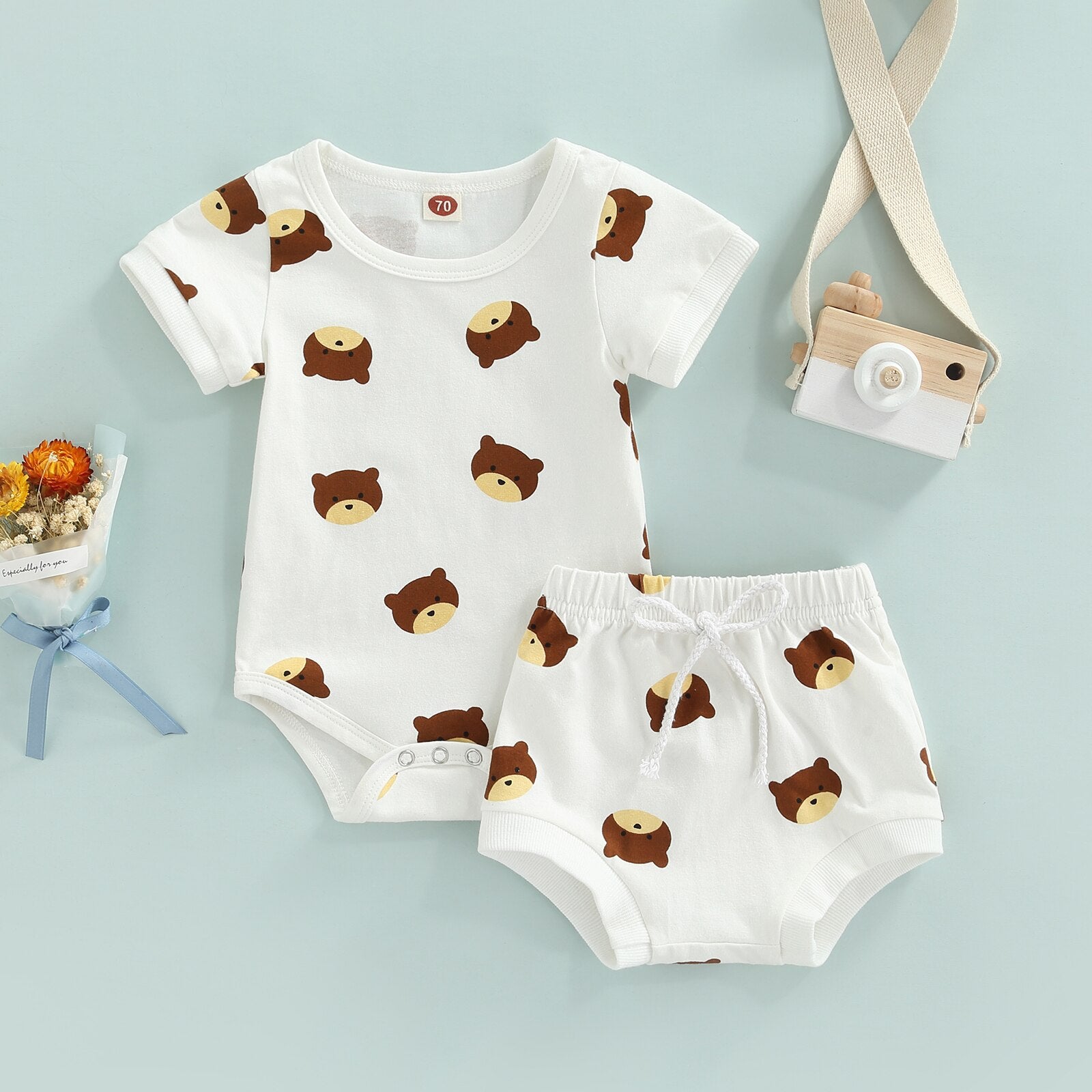 Adorable Baby Girl Boy Jumpsuit Set with Cute Cartoon Bear Print for Summer