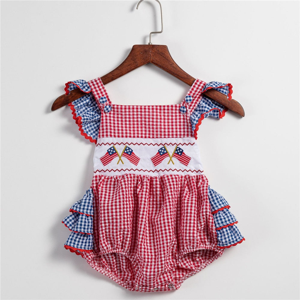 American Flag Day Girls Bodysuit Patchwork Plaid Newborn Overalls