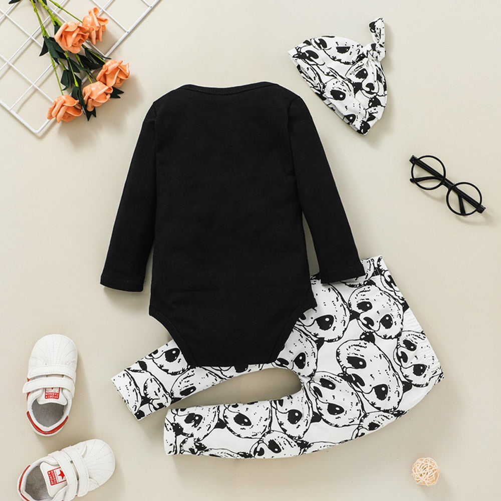 Newborn Clothes Baby Boy Girl Long-sleeved Romper Print Trousers Hat Three-piece Set Cotton Infant Toddler Kids Clothing