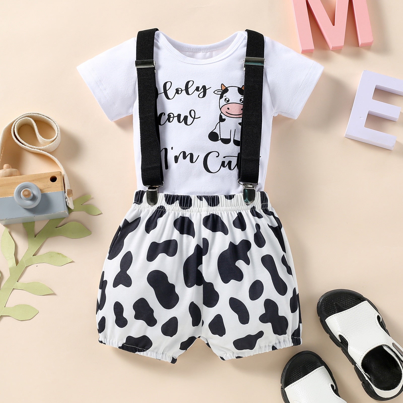 Adorable Baby Suit: Summer Short Sleeve Tops and Suspenders Shorts Sets with Cow Letter Prints - Perfect for Birthdays and Playtime