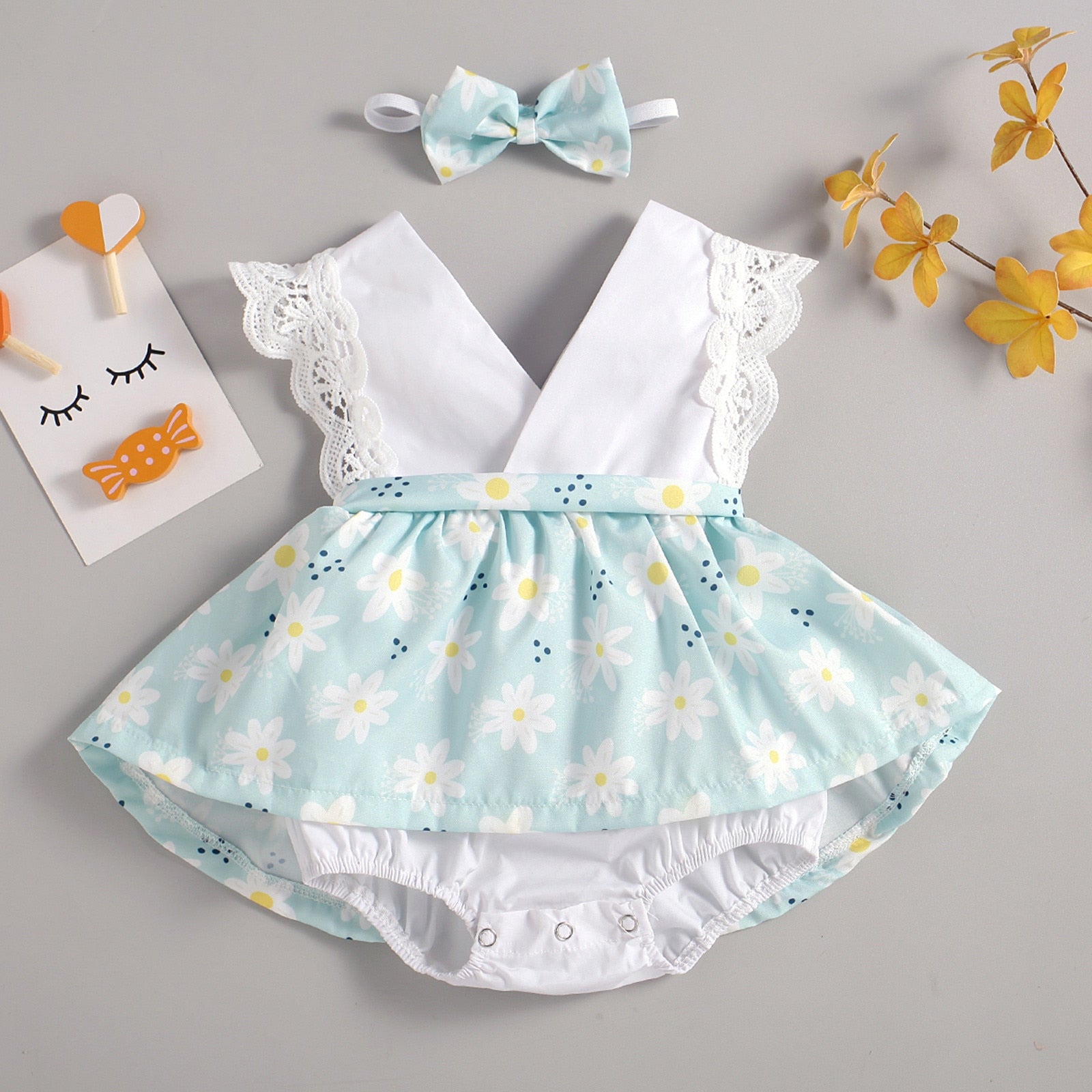 Newborn Baby Girls Lace Dress Bodysuit Headband Set for Summer