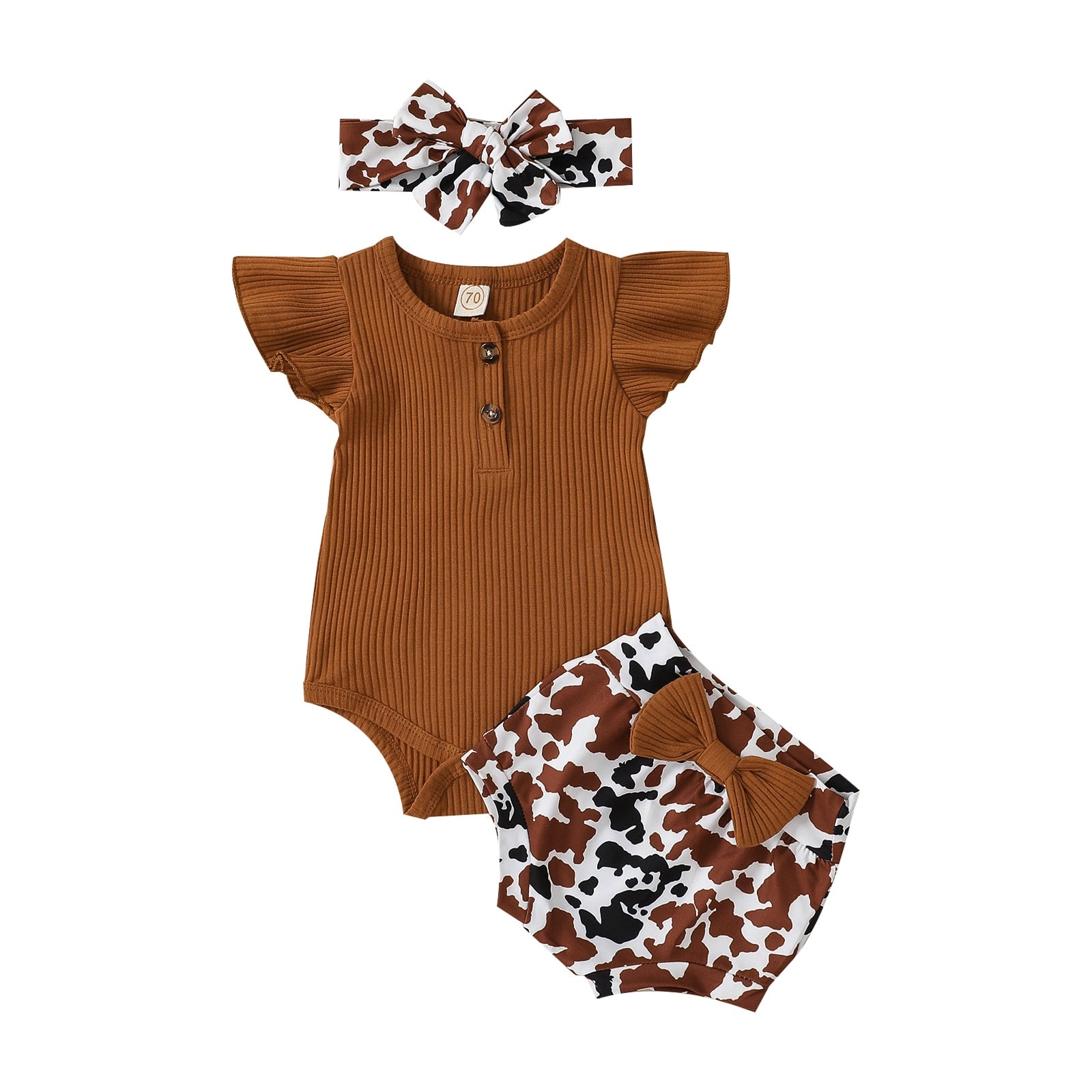 Adorable Summer Baby Girls Clothing Sets with Ribbed Knitted Ruffles Button Bodysuits and Cow Print Shorts