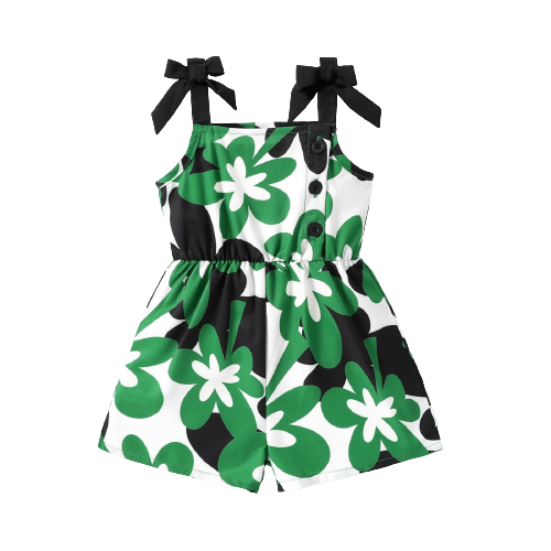 Baby Girl Floral Print Sleeveless Romper Shorts with Bow Detail