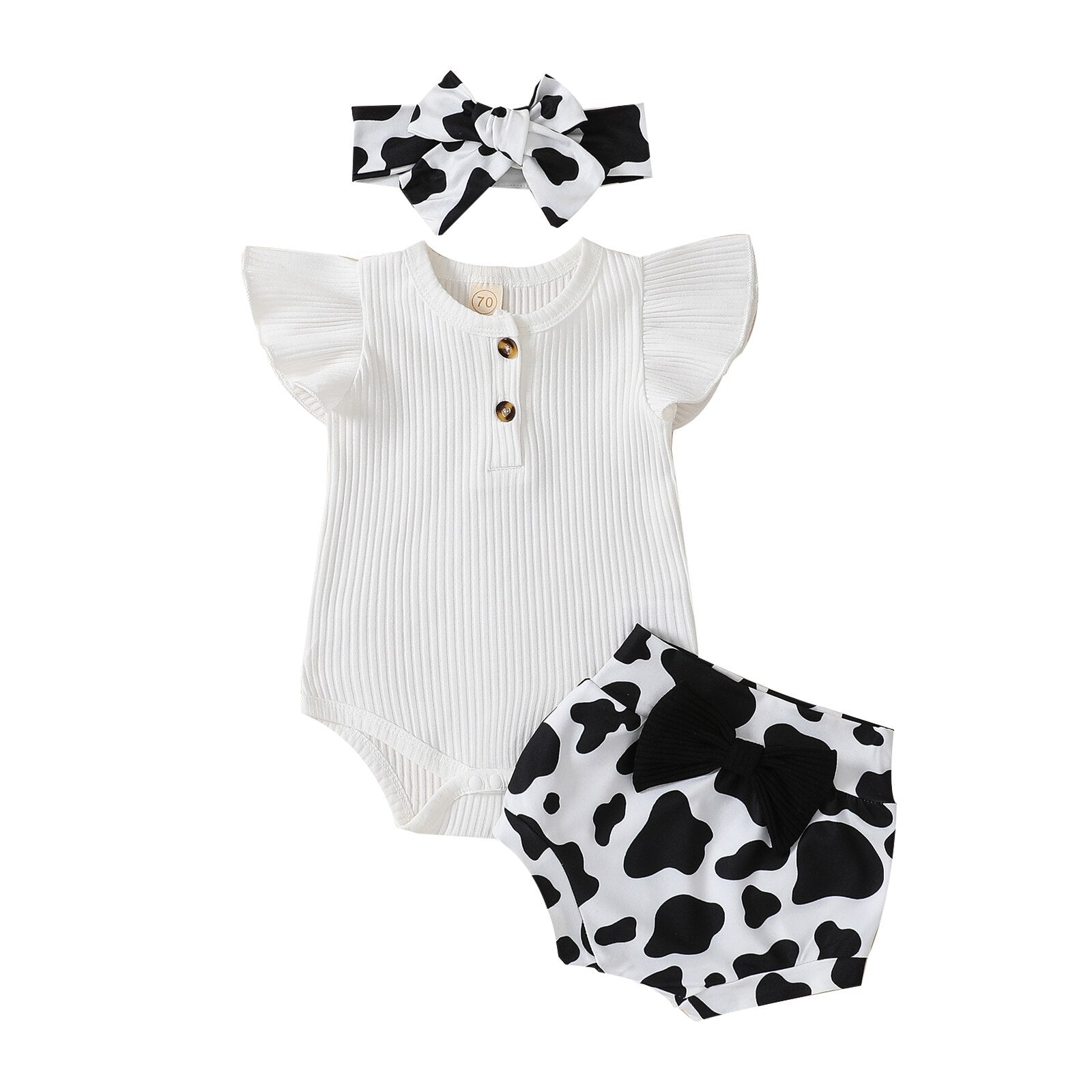 Adorable Summer Baby Girls Clothing Sets with Ribbed Knitted Ruffles Button Bodysuits and Cow Print Shorts