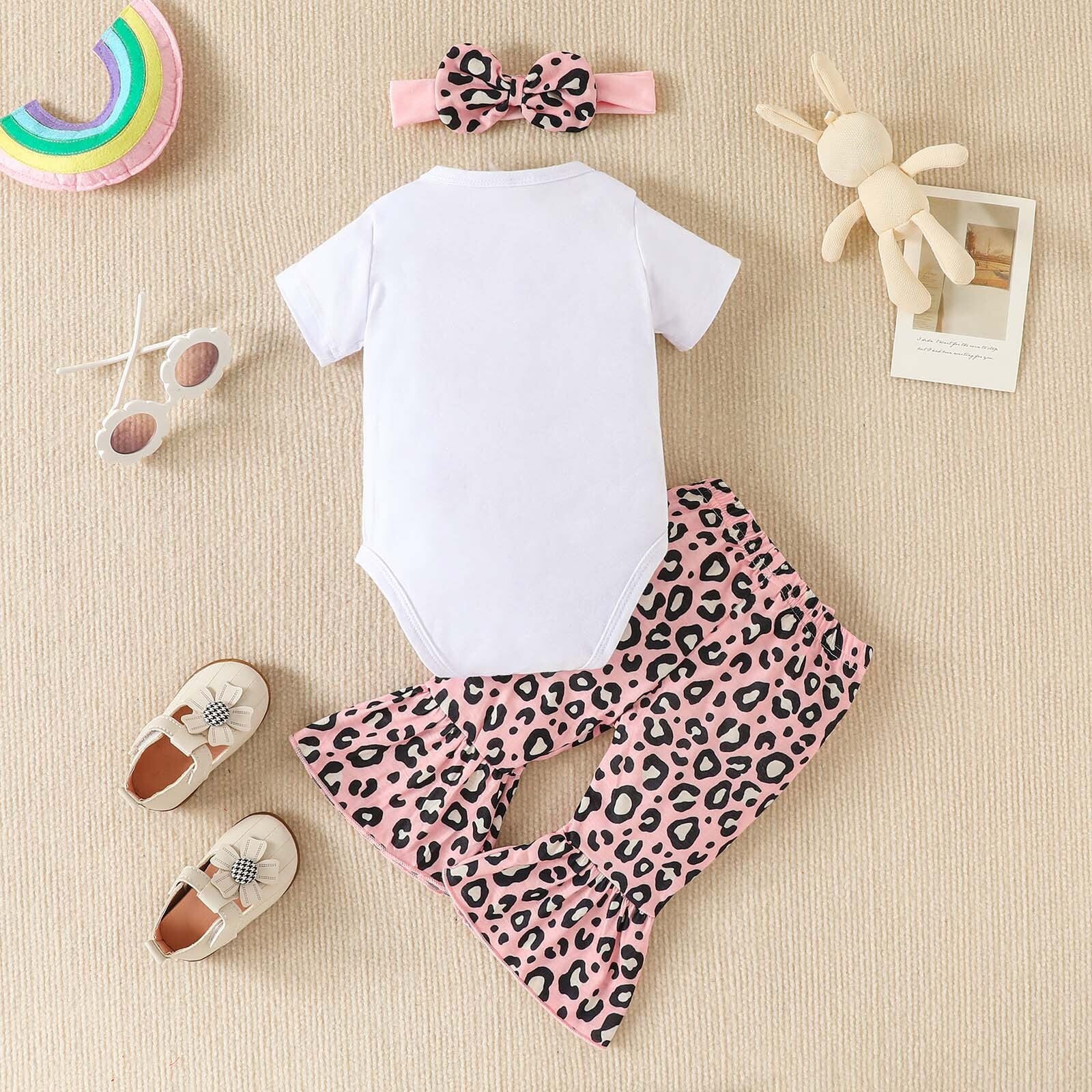 Adorable My First Easter Outfit Set for Girls - Rabbit Shape Letter Romper and Bunny Print Flared Pants