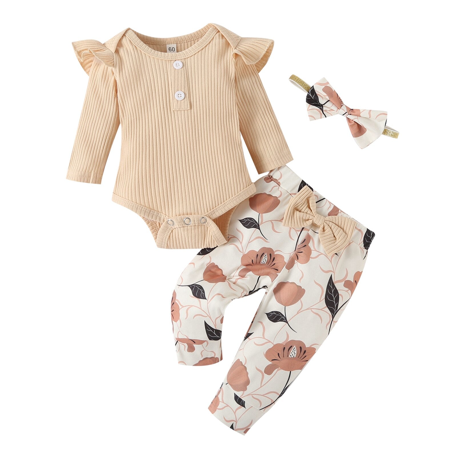 Adorable Newborn Baby Girl Clothes Set with Insect Print Ruffles Romper and Bow Pants