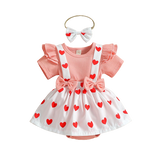Adorable Valentine's Day Baby Girls Costume: Flying Sleeve Overalls with Heart Printed Newborn Bodysuit and Toddler Rompers