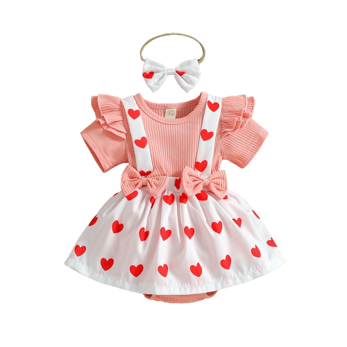 Adorable Valentine's Day Baby Girls Costume: Flying Sleeve Overalls with Heart Printed Newborn Bodysuit and Toddler Rompers