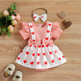 Adorable Valentine's Day Baby Girls Costume: Flying Sleeve Overalls with Heart Printed Newborn Bodysuit and Toddler Rompers