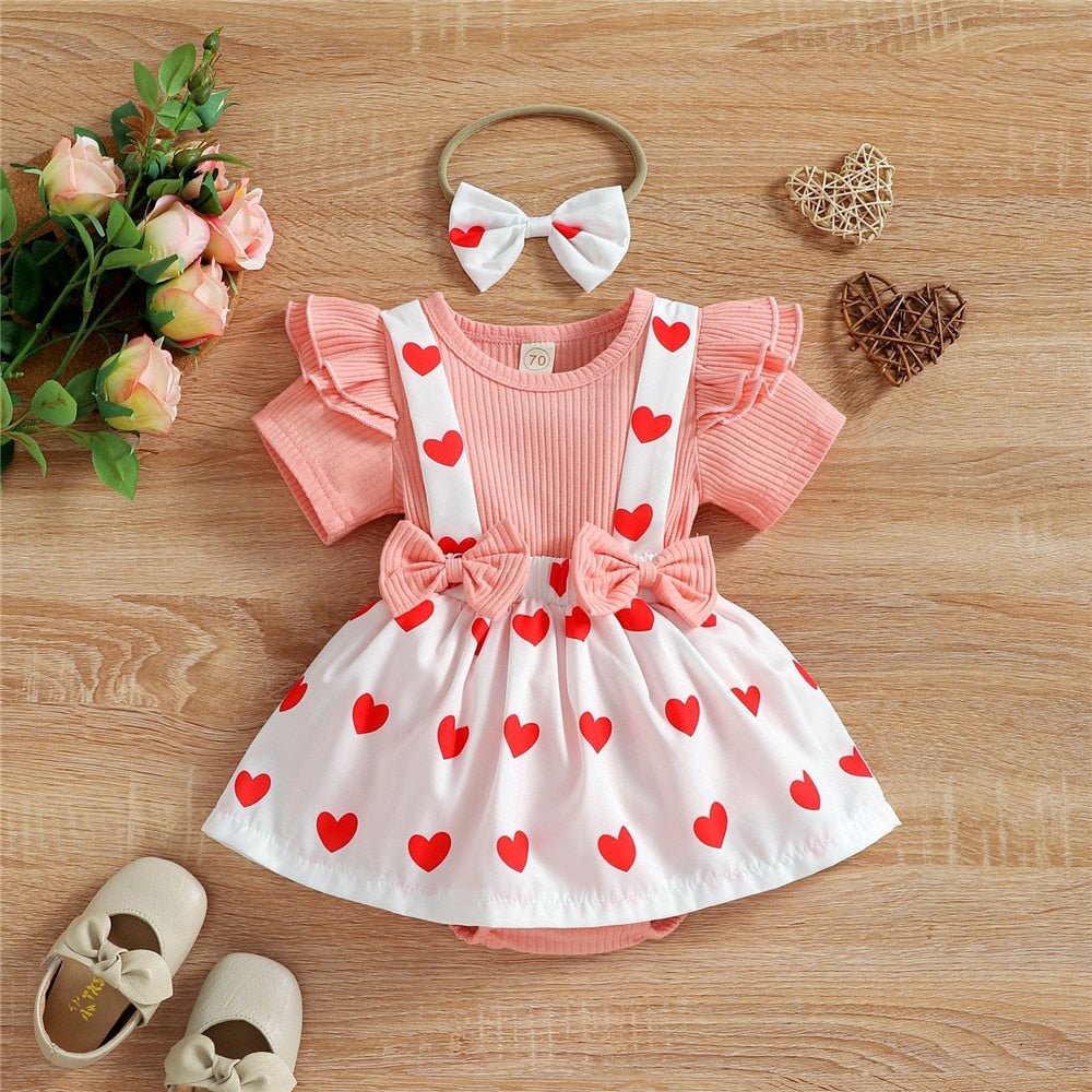 Adorable Valentine's Day Baby Girls Costume: Flying Sleeve Overalls with Heart Printed Newborn Bodysuit and Toddler Rompers