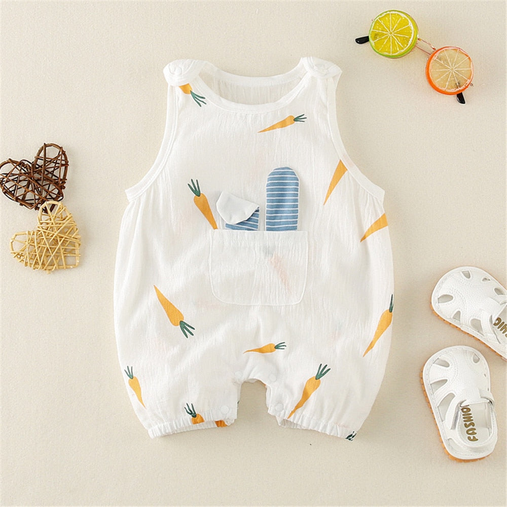 Carrot Heart Printed Baby Rompers: Cute Sleeveless Jumpsuits for Newborns and Toddlers