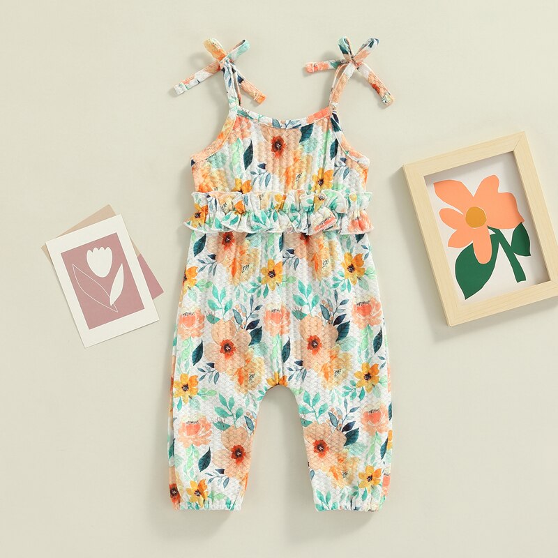 Summer Infant Baby Girls Floral Printed Romper with Ruffled Spaghetti Straps