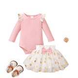 Cute 3pcs Baby Girls Clothes Set - Flying Sleeve Bodysuit+Dots Mesh Tutu Skirt