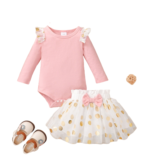 Cute 3pcs Baby Girls Clothes Set - Flying Sleeve Bodysuit+Dots Mesh Tutu Skirt