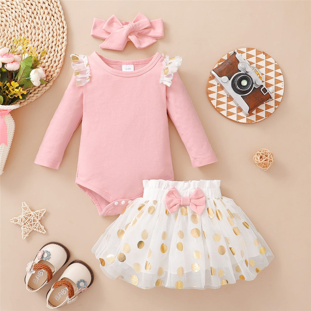 Cute 3pcs Baby Girls Clothes Set - Flying Sleeve Bodysuit+Dots Mesh Tutu Skirt