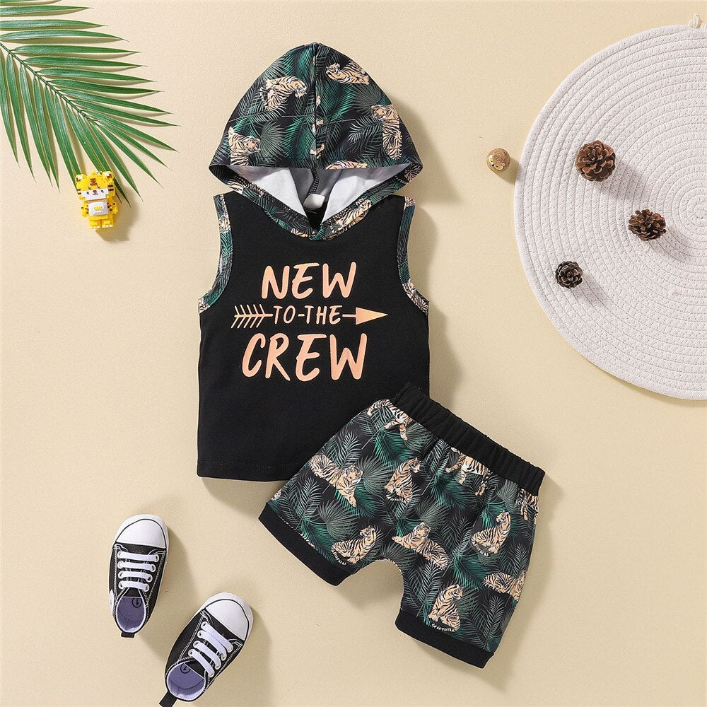 Summer Hooded Top and Shorts Set with Cartoon Prints for Baby Boys