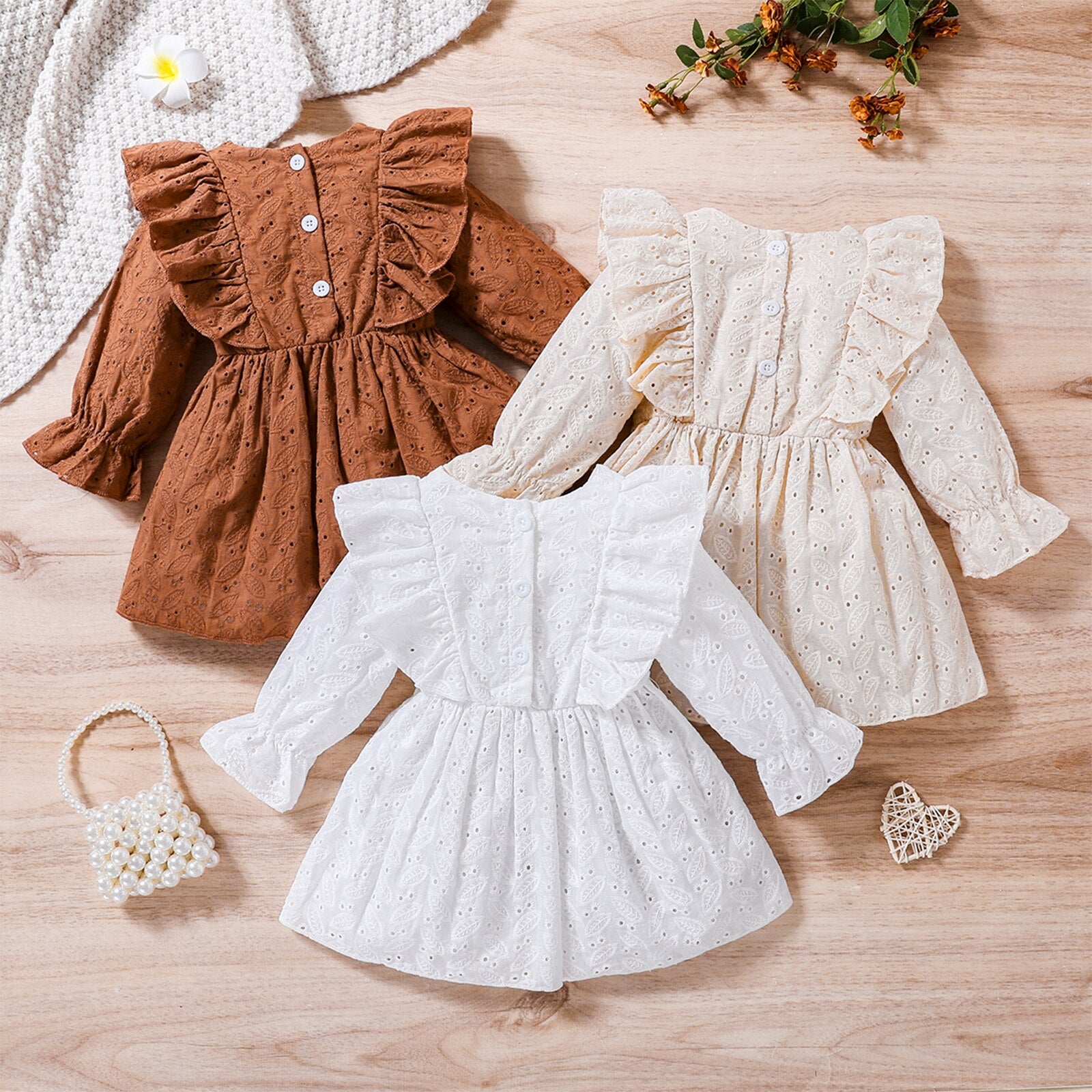 Adorable Baby Girls' A-Line Dress with Ruffles, Flowers, and Lace Cutouts