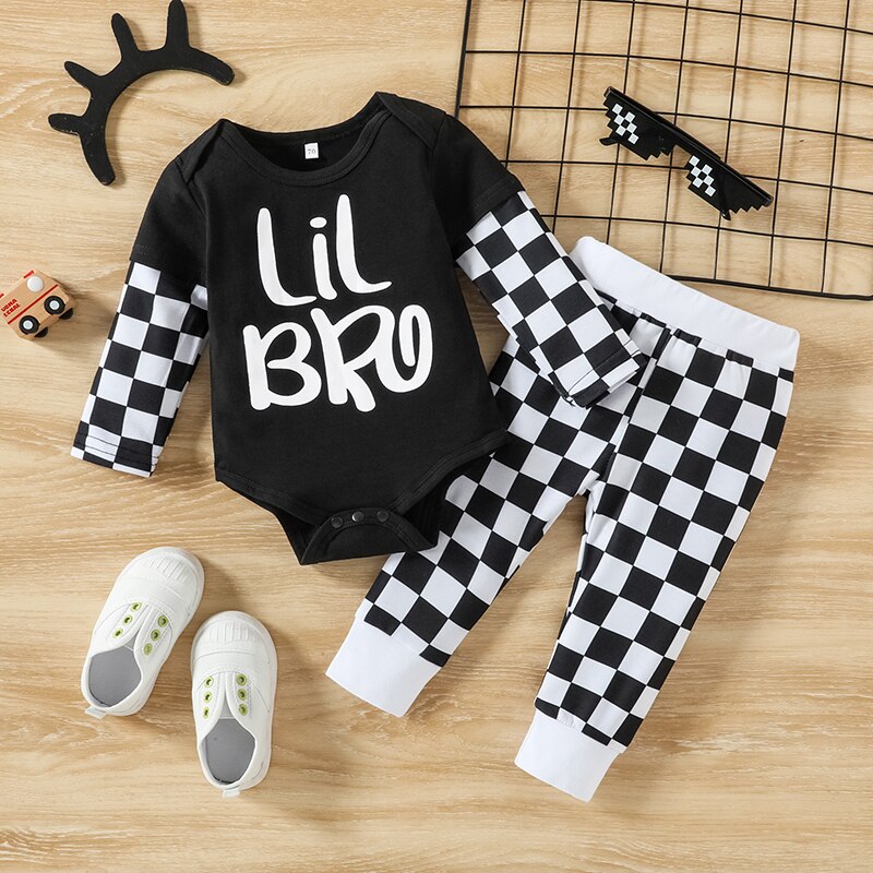 Stylish New Born Baby Boy Clothes with Long Sleeve Romper and Checkerboard Print Trousers