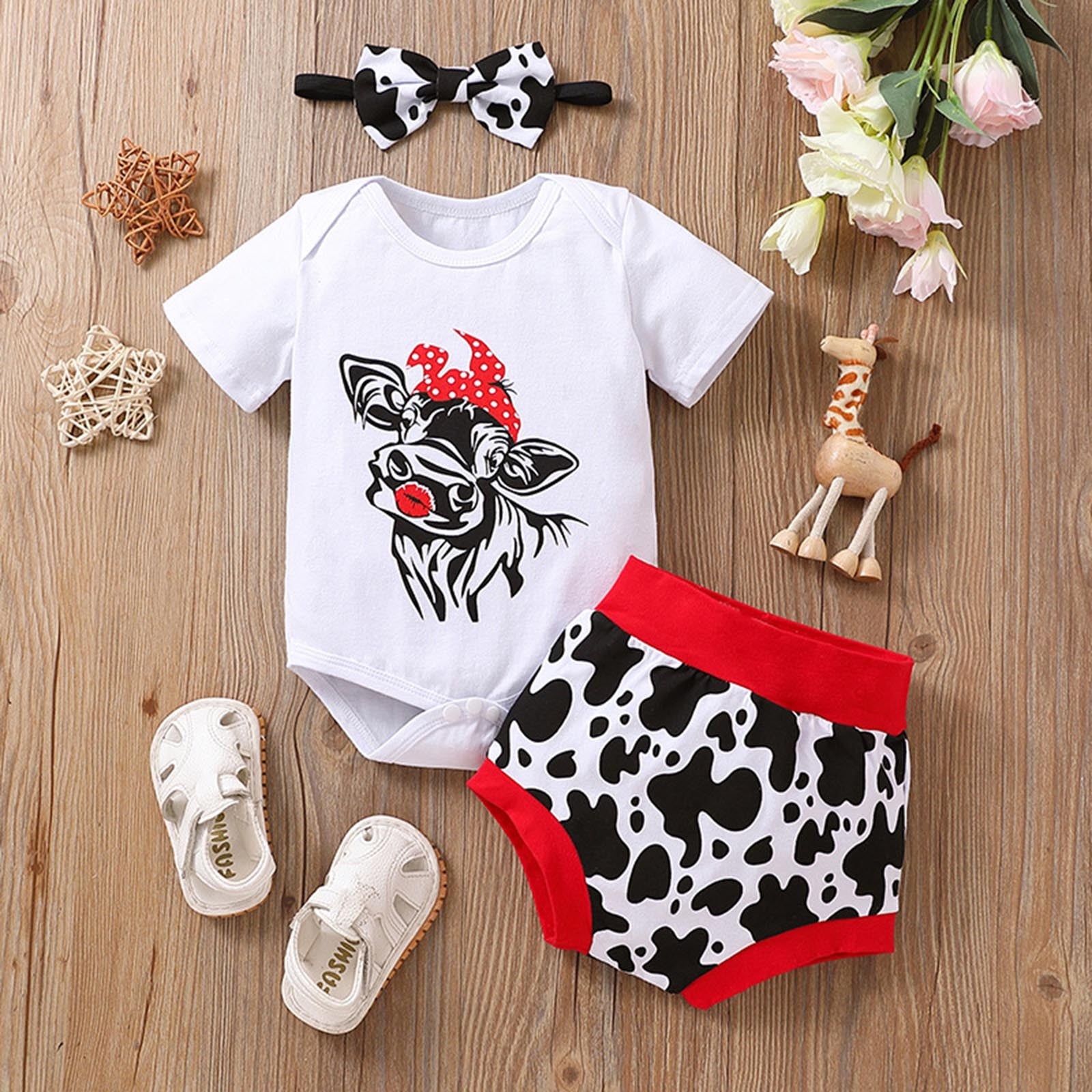 Adorable Infant Boys and Girls Short Sleeve Clothes Sets with Cartoon Dairy Cow Print