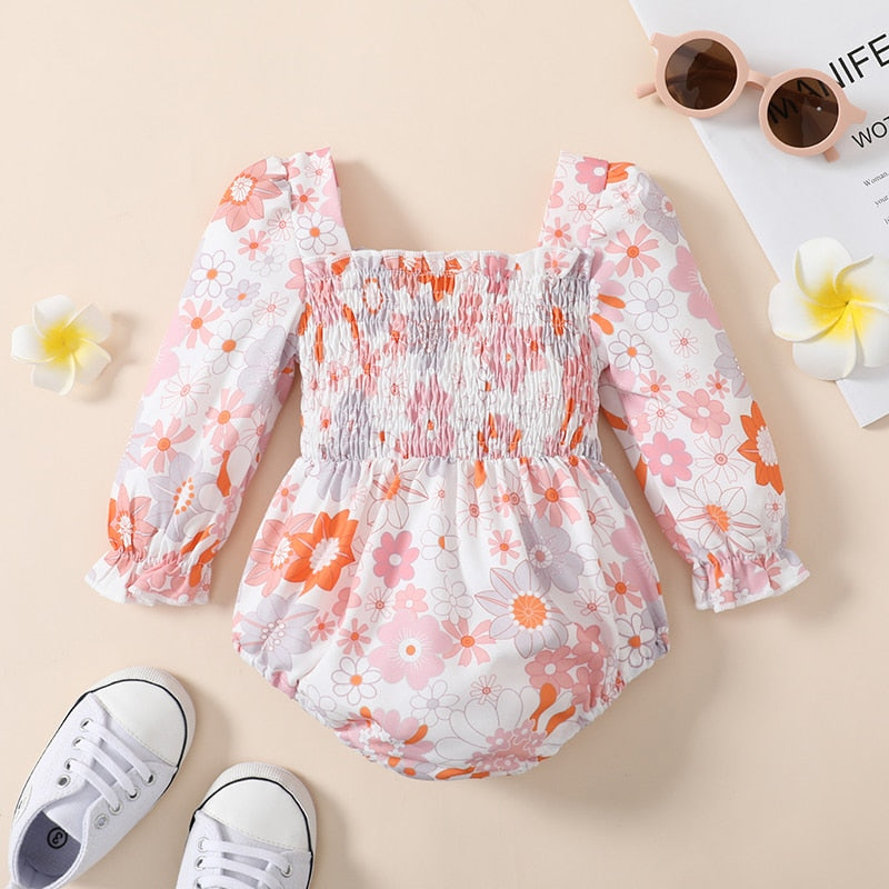 Lovely Autumn Newborn Baby Girls Rompers with Floral Print and Square Collar