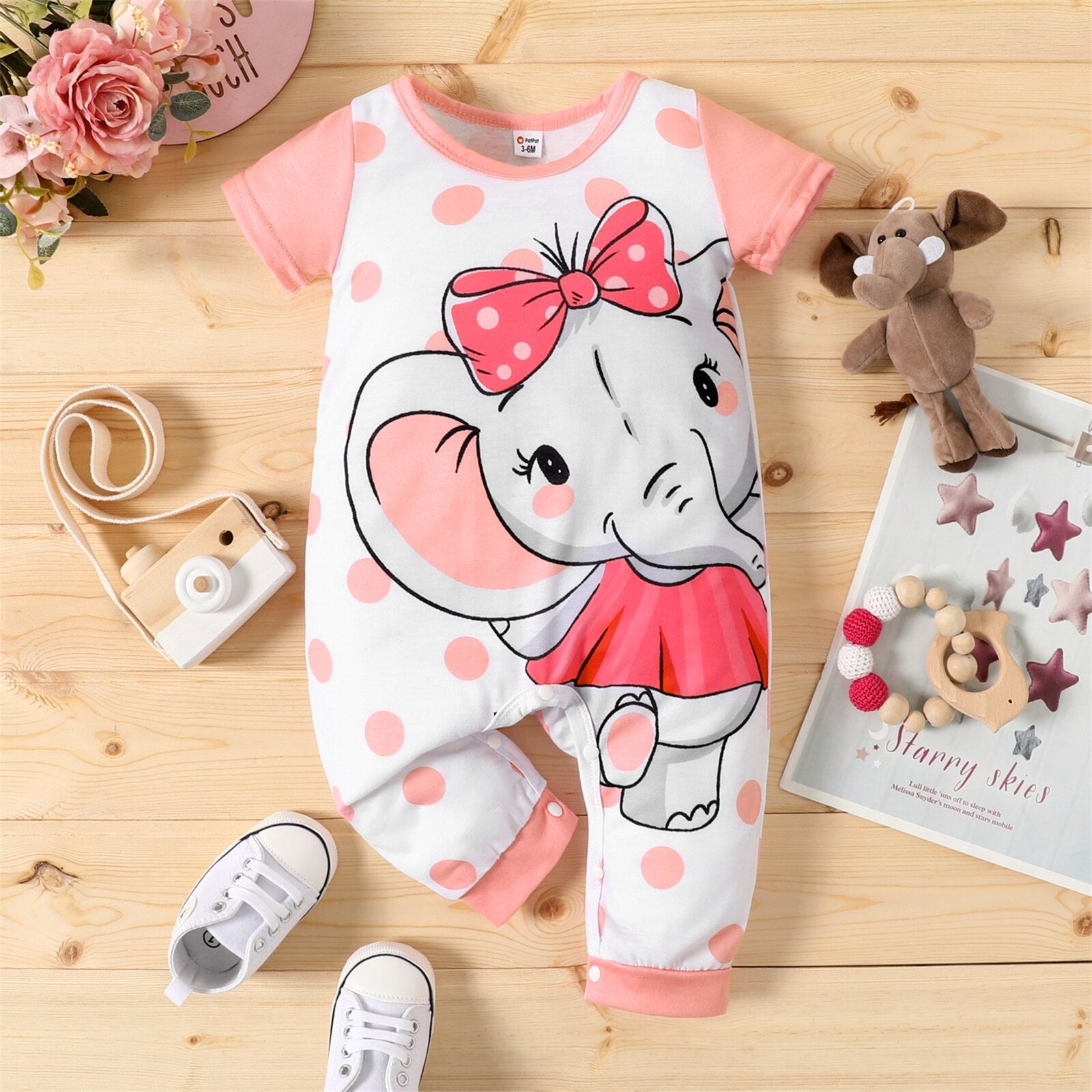 Baby Girl Cartoon Elephant Print Short-sleeve Jumpsuit