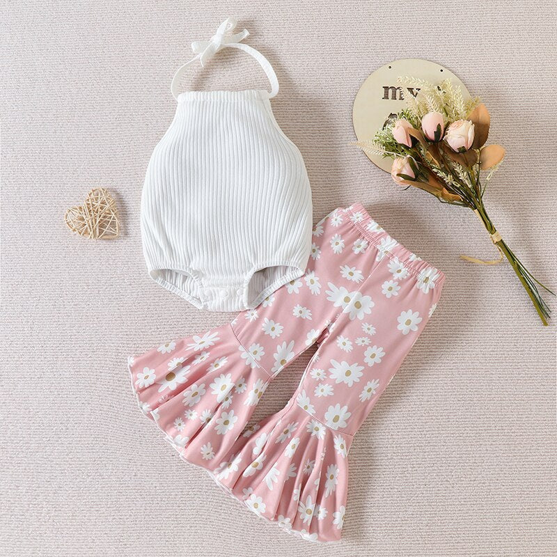 Stylish Summer Newborn Baby Girls Clothes Sets with Knitted Bodysuits and Flare Pants