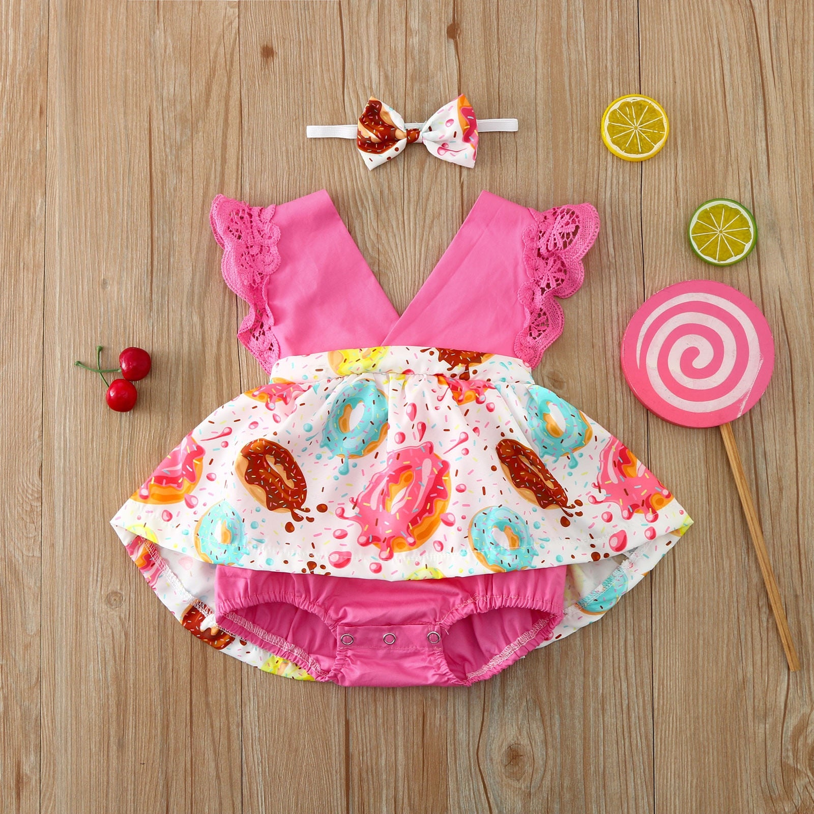 Newborn Baby Girls Lace Dress Bodysuit Headband Set for Summer