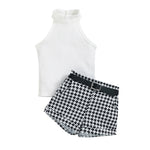 Baby Little Girl S Sleeveless Ribbed Outfit Set - Solid Color Stand-up Collar Belted Shorts - Babbez