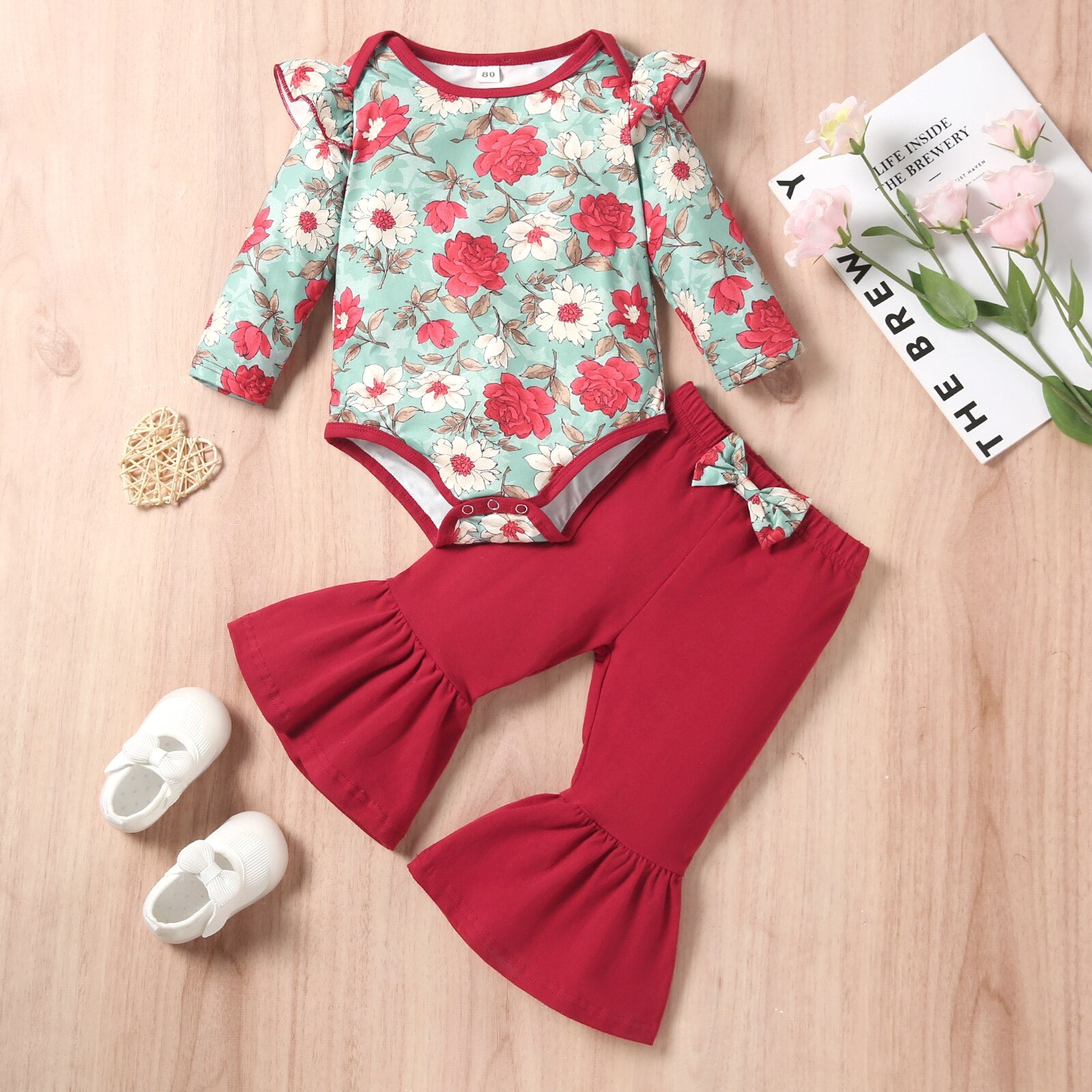 Infant Girls Spring Romper Set with Ruffle Snap Romper and Bell-Bottom Pants