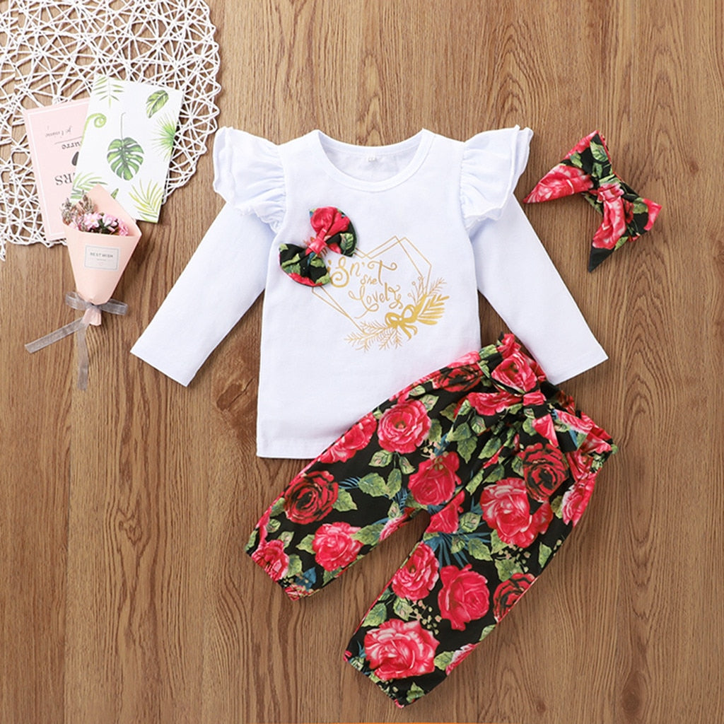 Adorable 3pcs Baby Girls Spring Clothing Sets with Long Sleeve Tops, Floral Pants, and Headband - Infant 0-24 Months Newborn Outfits Clothes