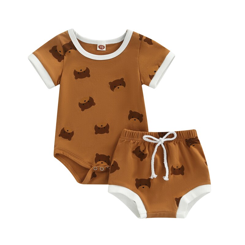 Adorable Baby Girl Boy Jumpsuit Set with Cute Cartoon Bear Print for Summer