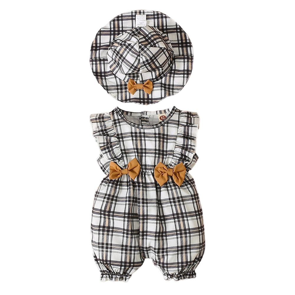 Adorable Plaid Baby Girls Rompers With Hat for Summer