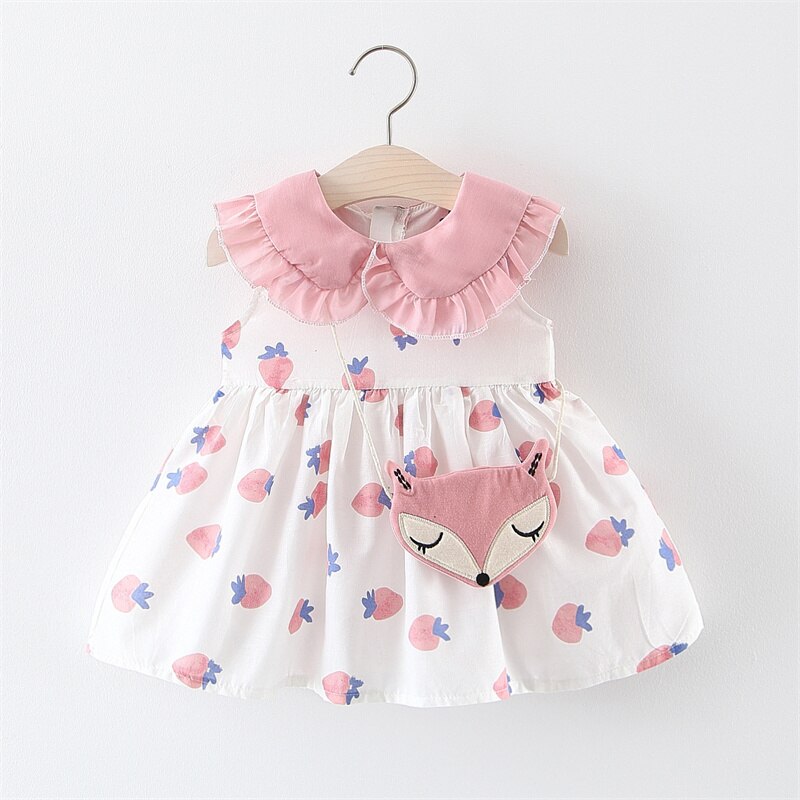 2Pcs/Set Sweet Baby Girl Summer Dresses with Floral Cartoon Print