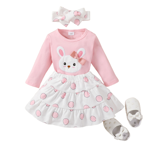 Easter Baby Girls Clothes Sets: Bunny Bow T-shirt, Dot Ruffle Skirt, and Headband Sets for Newborns and Toddlers