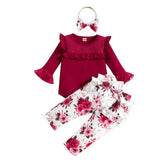 0-2Y Newborn Baby Girl Outfit Long-Sleeved Autumn Winter Romper Print Pants Headband 3Pcs Set Toddler Infant Costume