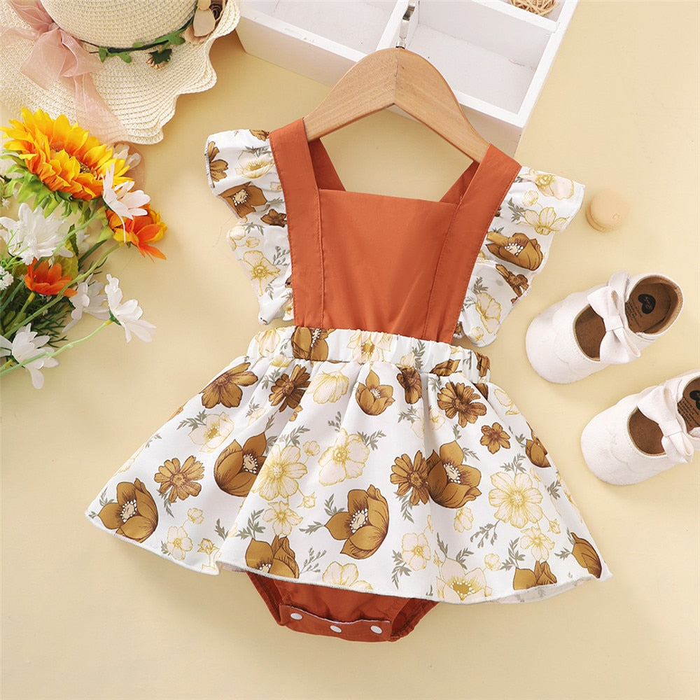 Patchwork Baby Rompers with Flowers Print for Newborn Girls