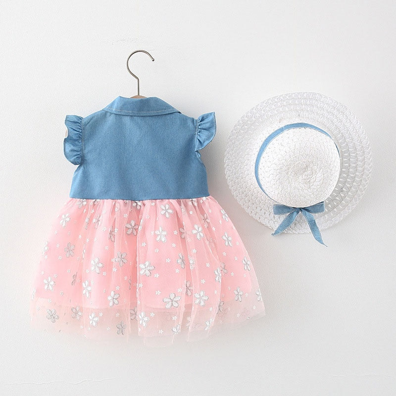 Summer Baby Girl Denim Dress with Mesh Princess Design