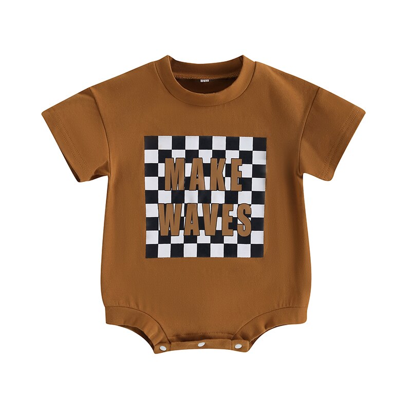 Vintage Newborn Baby Boys Girls Summer Rompers - Short Sleeve O Neck Letter Checkerboard Print Jumpsuits