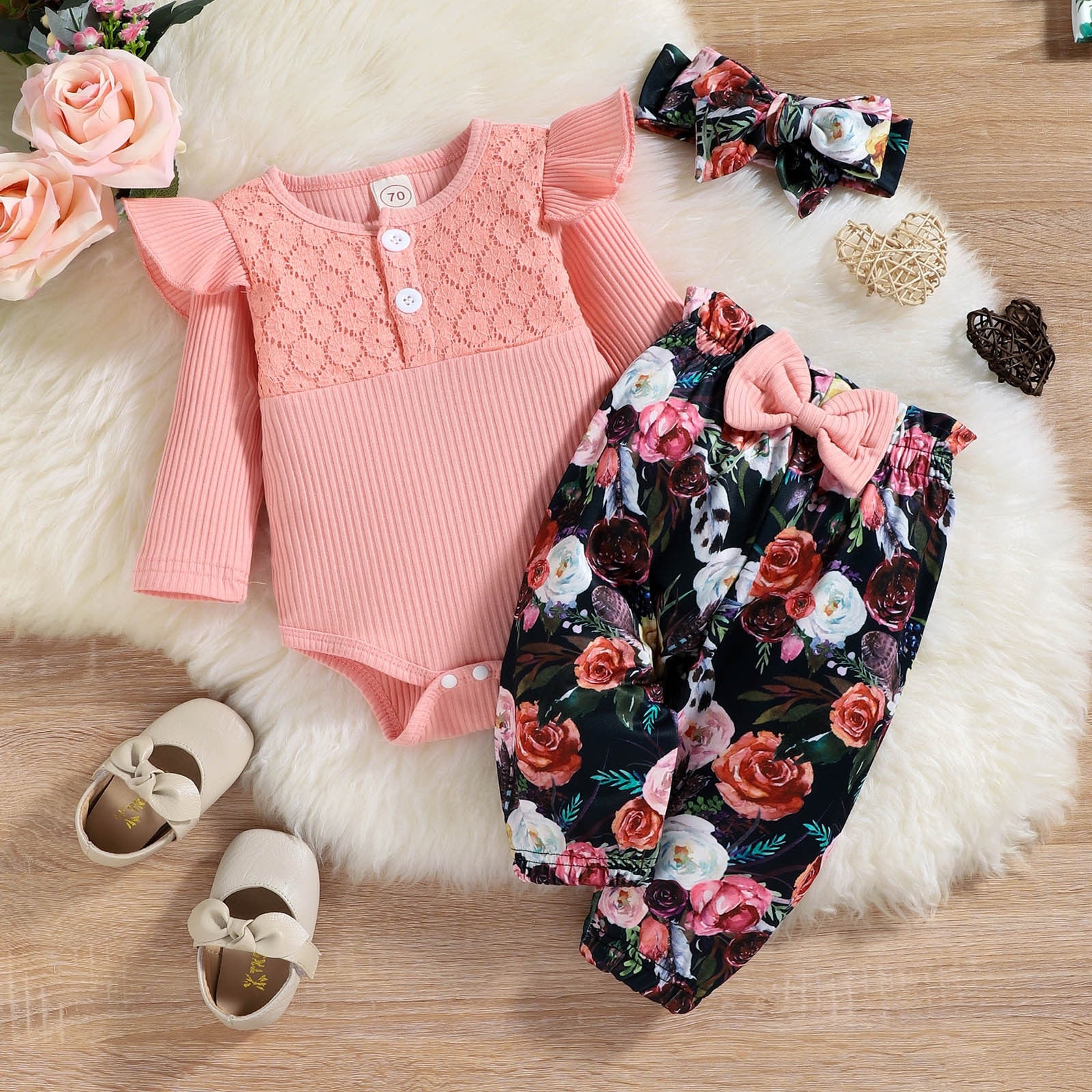 Adorable Baby Girl Clothes Set for Autumn/Winter - Long Sleeve Romper and Pants with Bow Detail