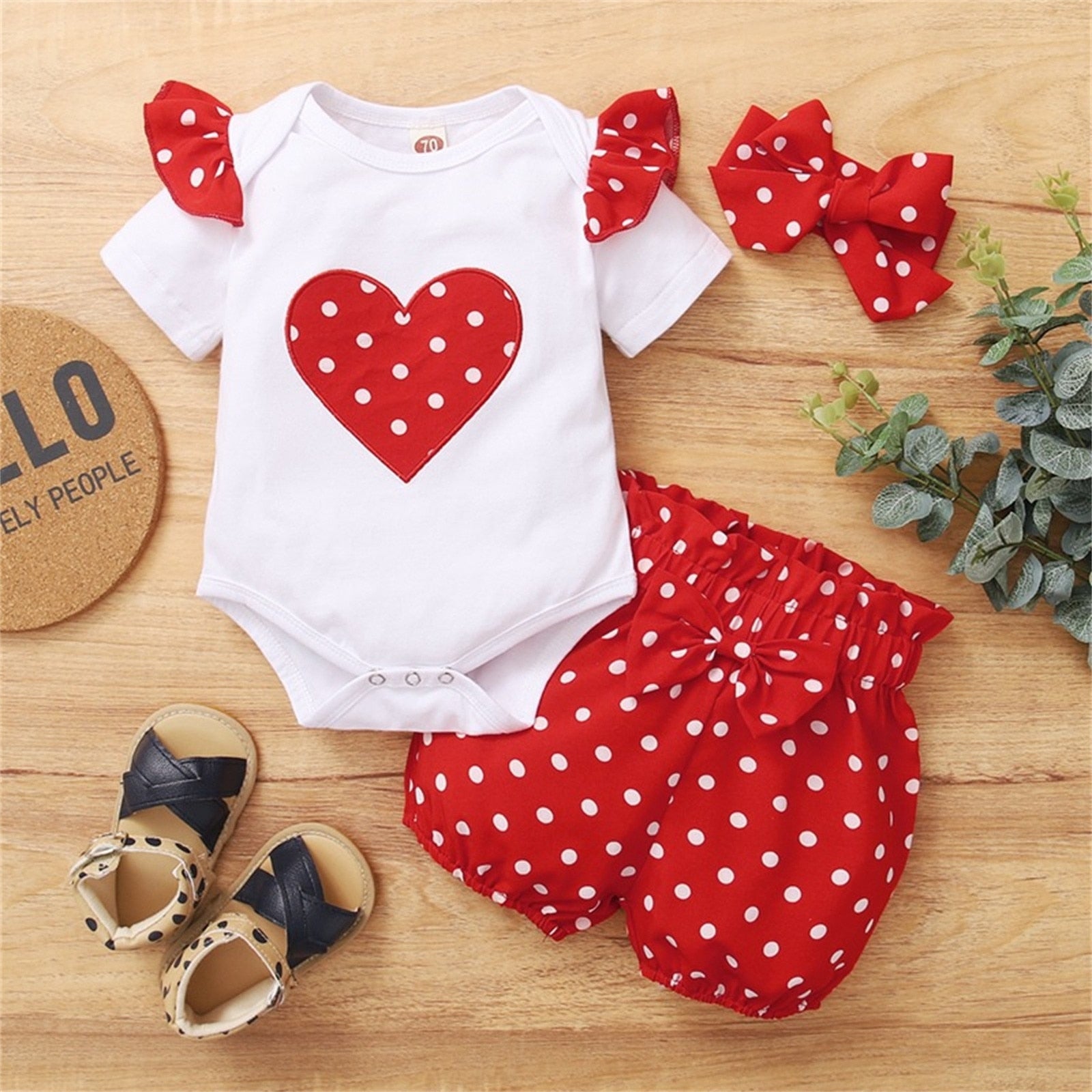 Stylish 3PCS Sets for Newborn Baby Girls - Short Ruffled Sleeve Patchwork Romper Tops Polka Dot Shorts Outfits With Headbands for Summer