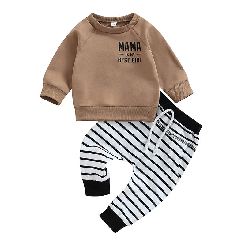 Boys Outfits Newborn Toddler Clothes Set Letter Print Long Sleeve Sweatshirt Tops and Elastic Casual Striped Pants Tracksuit - BabbeZz