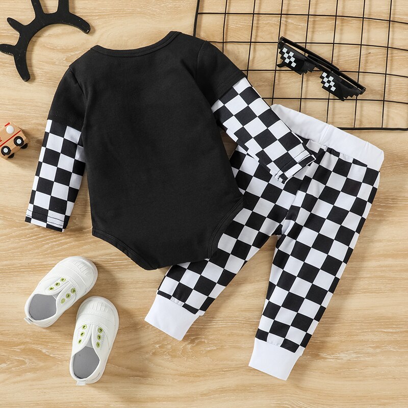 Stylish New Born Baby Boy Clothes with Long Sleeve Romper and Checkerboard Print Trousers