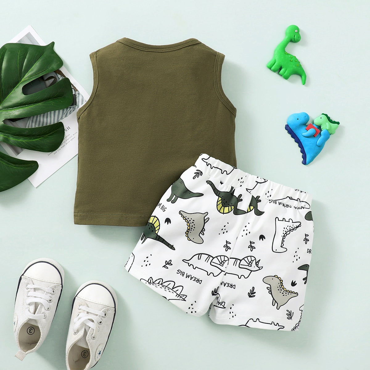 Adorable Baby Boy Dinosaur Printed Vest and Allover Printing Shorts Set