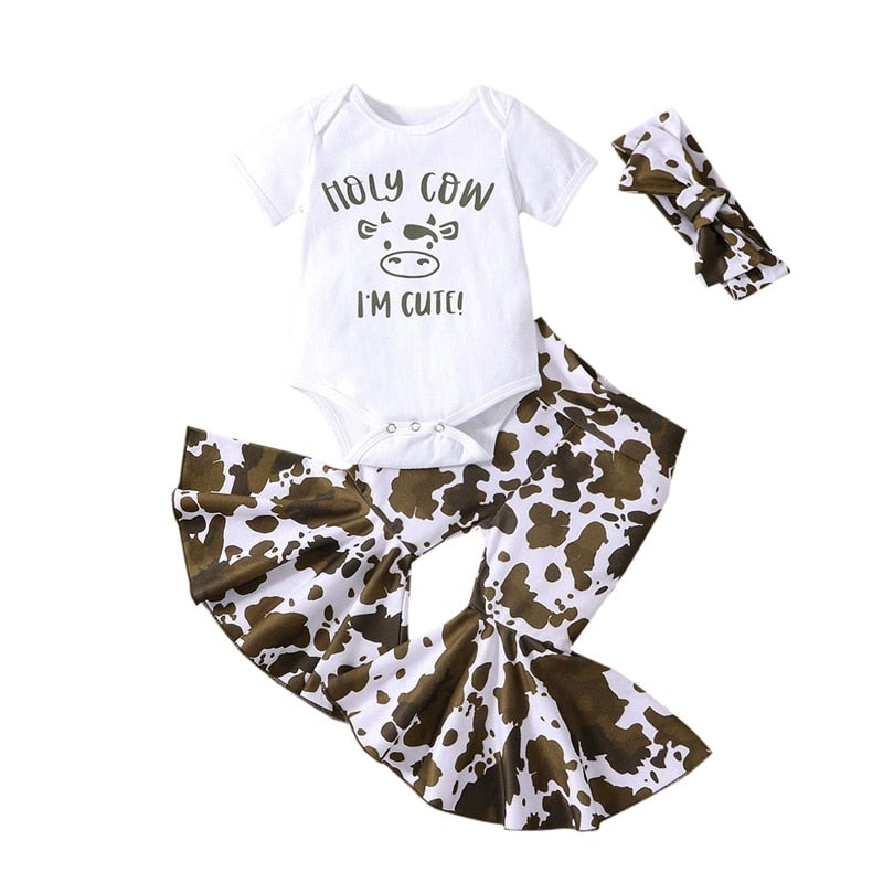 Infant Baby Girl 3Pcs Clothes Set with Cow Head and Spot Prints