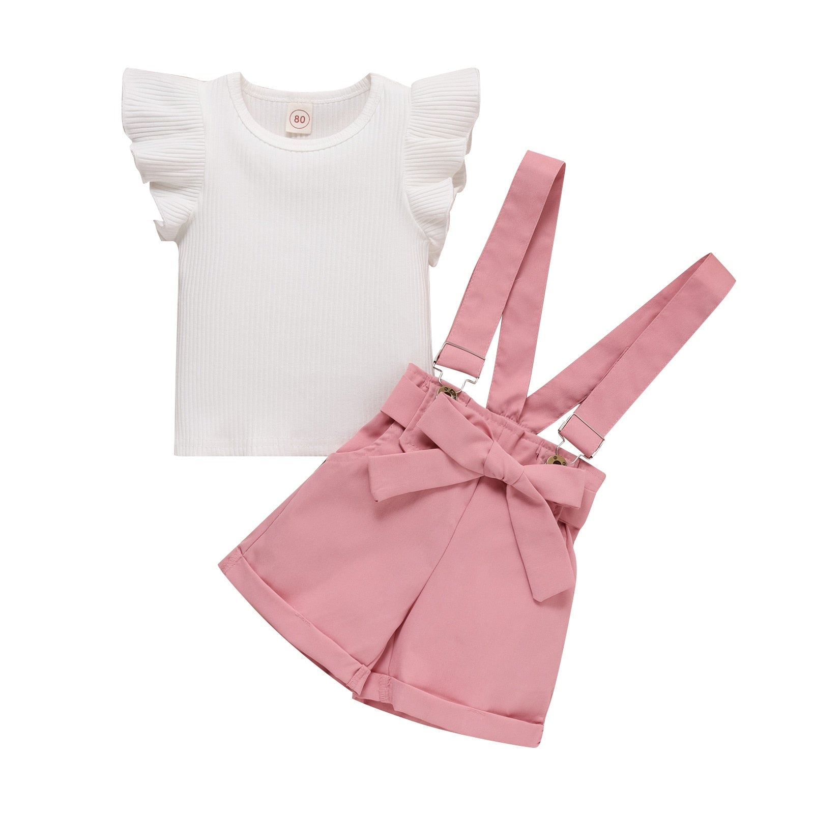 Little Girls Clothes Sets - Ruffle Sleeve T-Shirt and Suspender Shorts